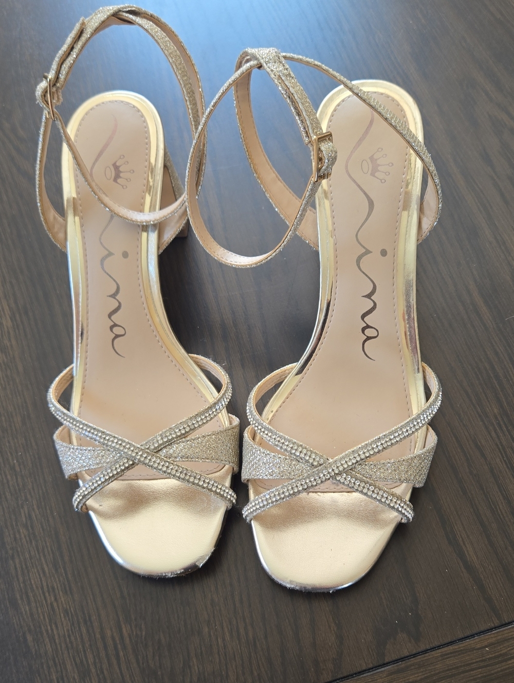 Nina Champagne Gold Rhinestone Strappy Heels